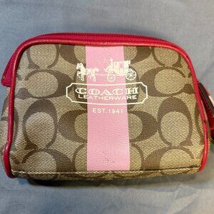 Coach Signature Small Zip Wallet/Case – Tan & Pink Leather Trim